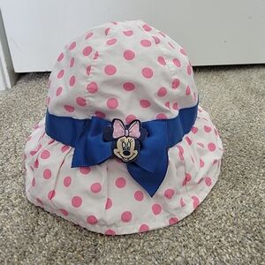 Disney Baby Minnie Mouse Hat Sun Bonnet White Pink Polka Dots 0-6 Months Ribbon